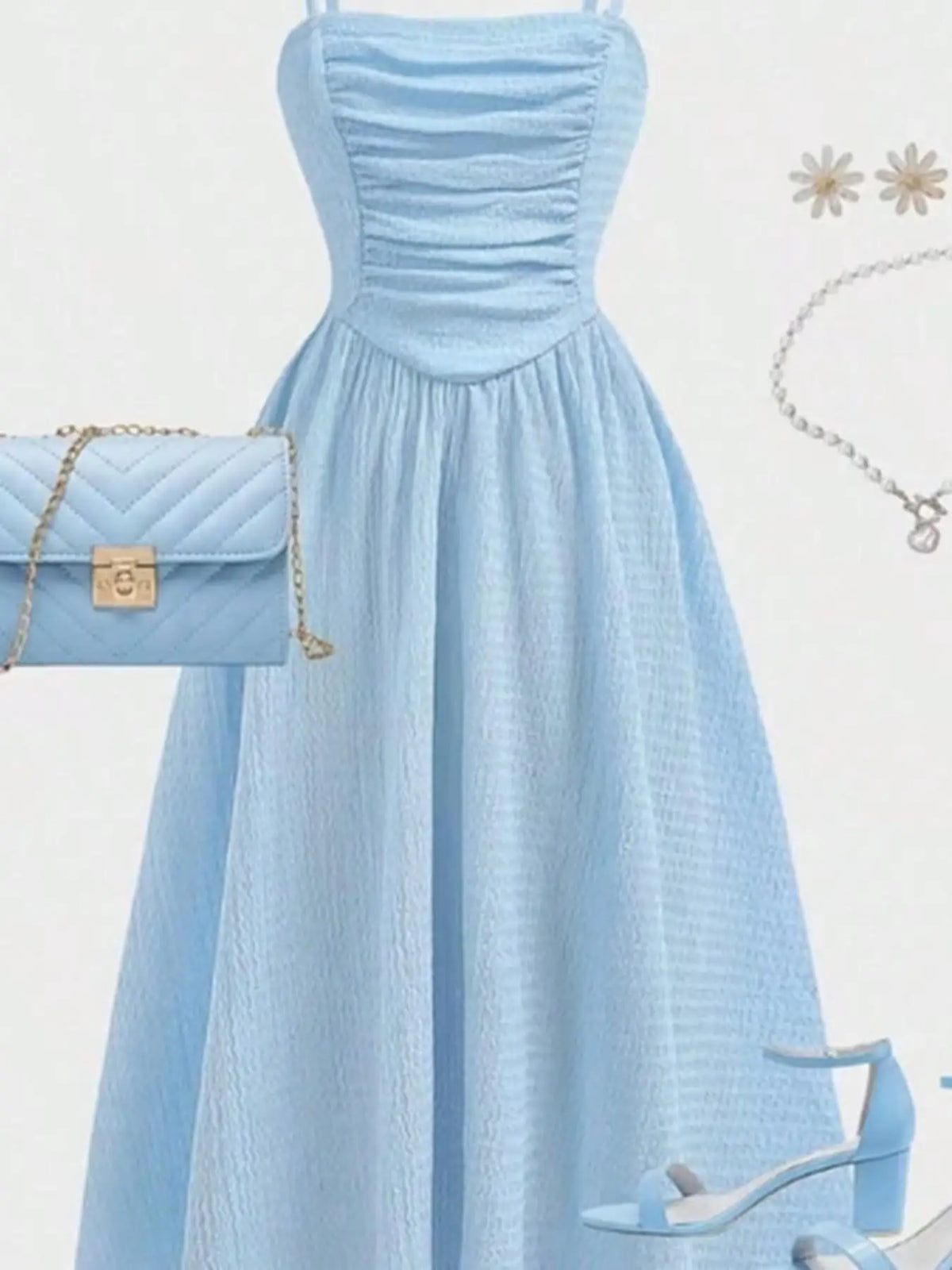 Youth Girls Midi Dress - Light Blue Square Neck Ruched Cami Summer Dress