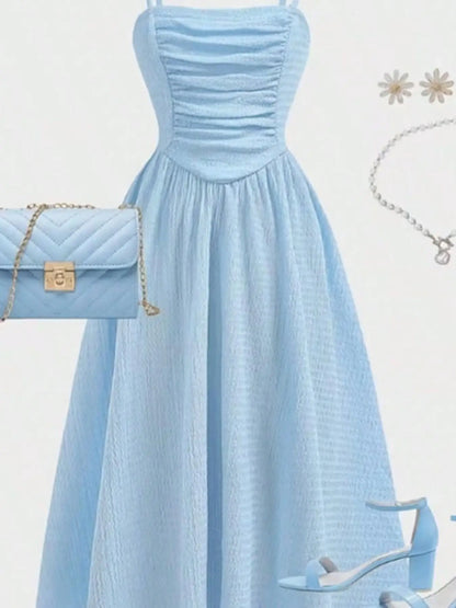 Youth Girls Midi Dress - Light Blue Square Neck Ruched Cami Summer Dress