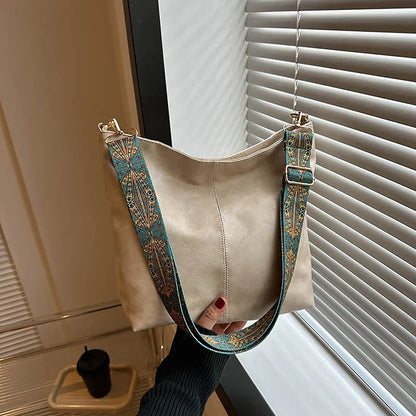 Wide Geometric Strap Shoulder Bag - Large Capacity Crossbody PU Leather Bag for Women, Retro Style for Shopping and Travel