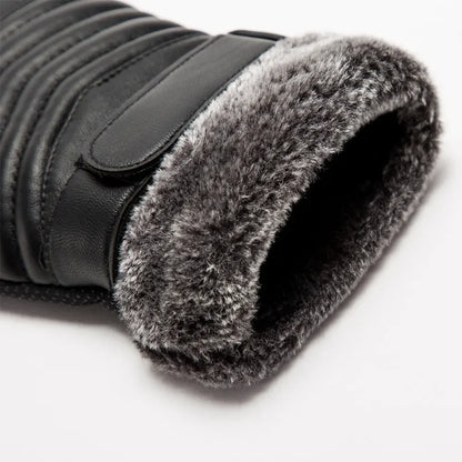 Men's Winter Fur Lined Gloves - Warm Insulated PU Touch Screen Gloves for Cycling, Motorcycle and Outdoor Use