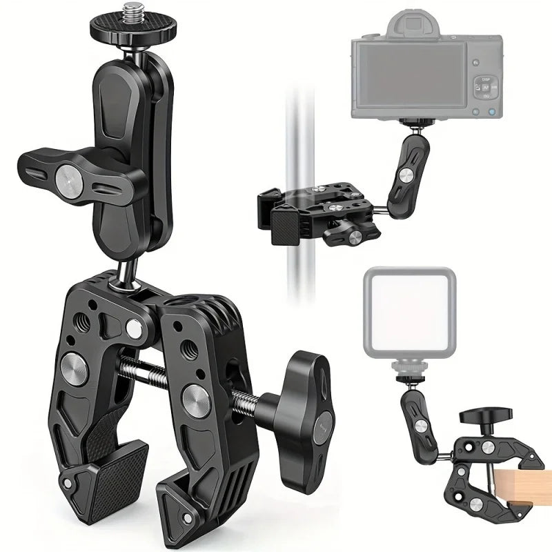 Multifunctional Crab Clamp Mount – Heavy Duty Metal Sports Camera & Phone Holder with Universal PTZ Arm for Outdoor Photography & Expansion Rig Setup