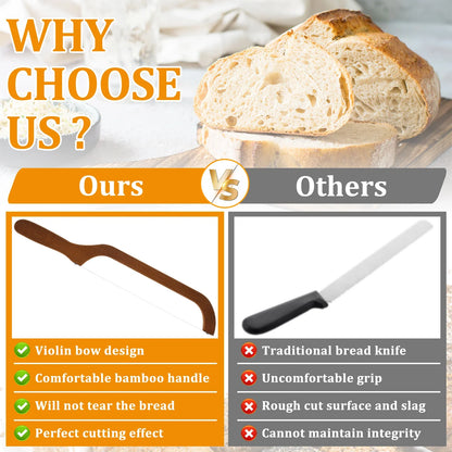 Bread Bow Cutter – Serrated Stainless Steel Bagel & Sourdough Slicer, Portable Cutting Tool with Bamboo Handle