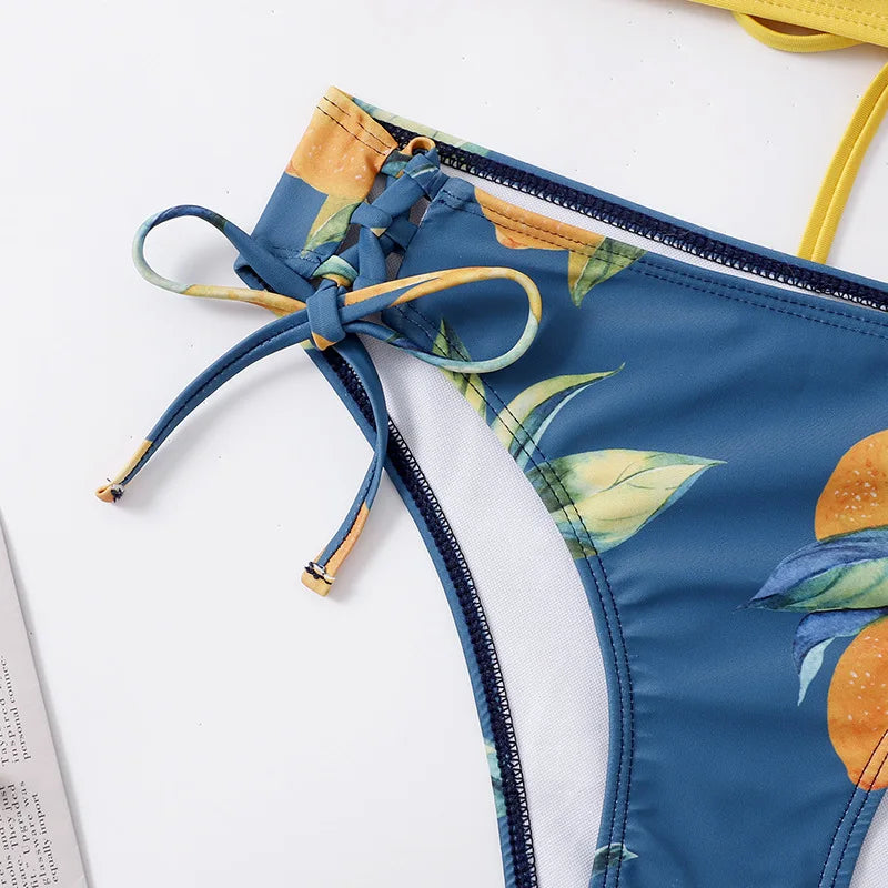 Vintage Printed Bikini Set – Women’s Cross Pleated Backless Lace-Up Push-Up Two-Piece Swimwear 2025 Beach Bathing Suit
