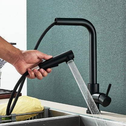 Black Flexible Pull-Out Kitchen Faucet - Stainless Steel 2-Mode Nozzle, 360° Rotating Hot & Cold Water Sink Mixer Tap
