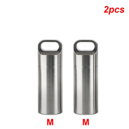 Stainless Steel Mini Pill Storage Box — S/M/L Waterproof Medicine Case with Keychain Seal Rings, Portable First Aid & Camping Pendant