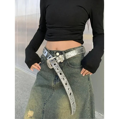 Y2K Women’s PU Leather Rhinestone Belt – Adjustable Glitter Crystal Waistband for Club & Party
