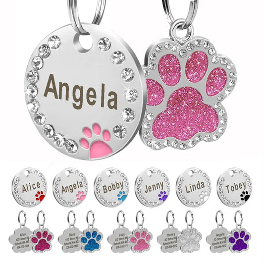 Personalized Pet ID Tag – Bling Rhinestone Dog & Cat Name Tag, Anti-Lost Collar Accessory with Free Engraving