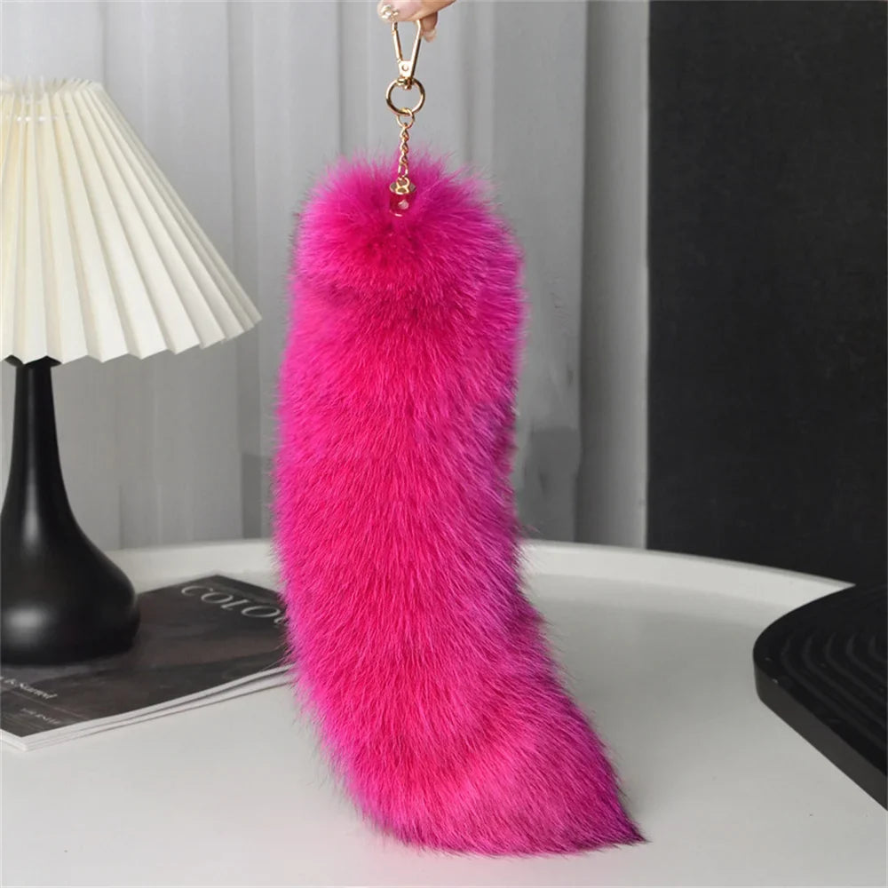 Natural Fox Fur Tail Keychain – 40cm Furry Racoon Bag Charm & Fluffy Keyring Accessory for Women