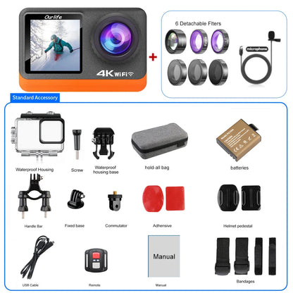 Ourlife 4K 60FPS Action Camera – 24MP WiFi Sports Camera with 2.0” Touch IPS Screen, 170° Wide Angle, EIS Stabilization, 30M Waterproof Case & 4X Zoom for Helmet & Outdoor Recording