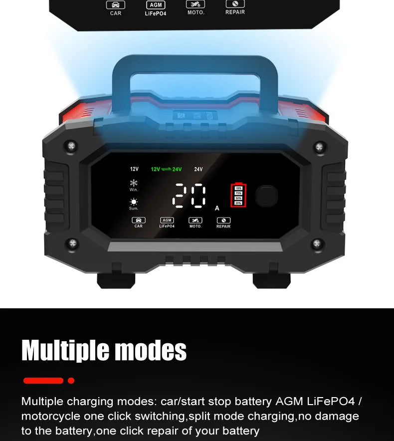 12V/24V Fully Automatic Smart Battery Charger — 7-Segment Pulse Repair for AGM, GEL, WET Lead-Acid Car Batteries