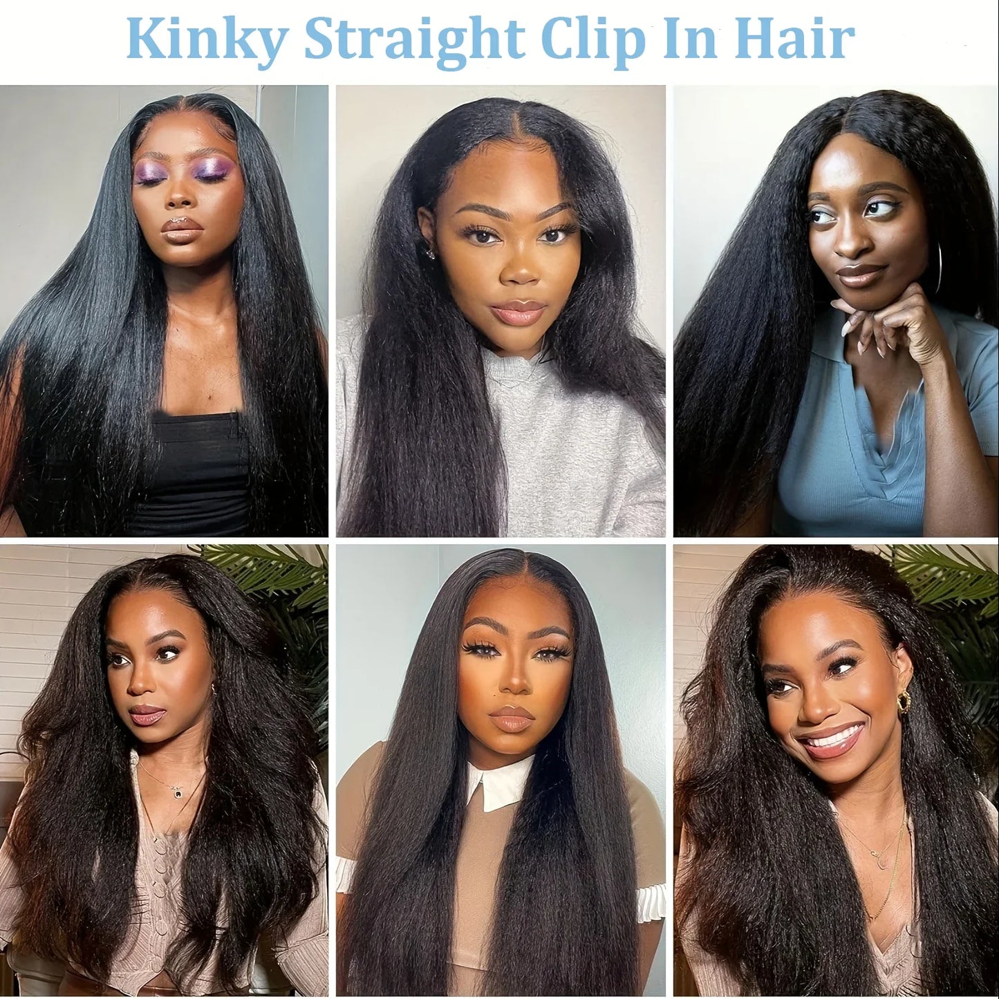 Kinky Straight Clip-In Hair Extensions – 100% Real Human Hair, Natural Black, 8 Pcs/120g, Full Head Brazilian Remy