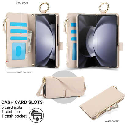 Crossbody Leather Wallet Case with Card Slots, Zipper & Kickstand for Samsung Galaxy Z Fold 3/4/5/6 – Wristband & Ring Holder