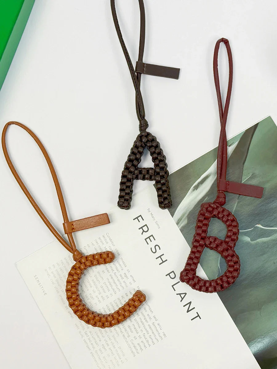 Woven Leather Letter Bag Charm – Luxury Handwoven Pendant Ornament for Women’s Handbags, Fashionable Bag Decoration Accessory