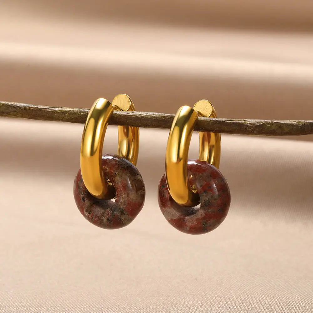 Leopard Bead Opal Stainless Steel Hoop Earrings — Gold Color, Anti-Fading Wedding & Prom Jewelry for Women, Gift Accessory
