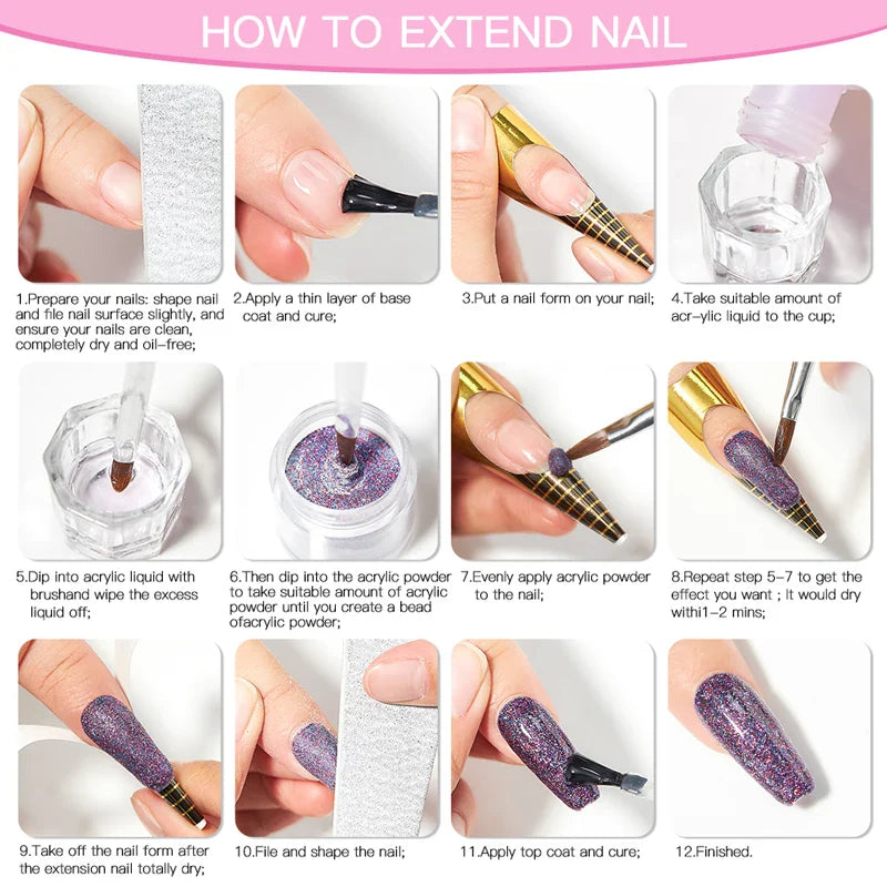 Nail Crystal Powder Kit – Acrylic Liquid Set with Pink & White Powder, Nail Brush for Extension & Carving, Beginner Set