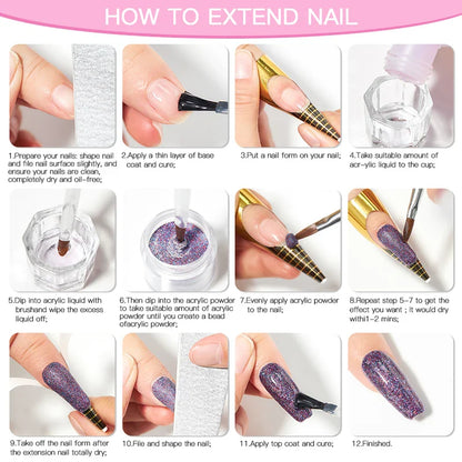 Nail Crystal Powder Kit – Acrylic Liquid Set with Pink & White Powder, Nail Brush for Extension & Carving, Beginner Set