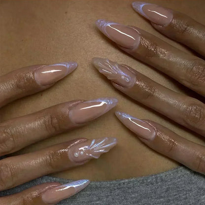 24Pcs French Press On Nails - Almond Fake Nail Tips with Glue, White Edge Design & Pink Stiletto Style Manicure Set