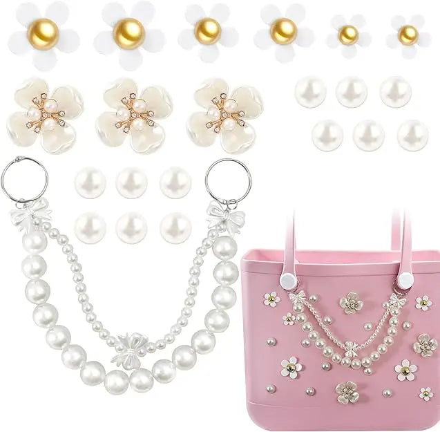 20PCS Beach Bag Charms Set – Pearl, Butterfly & Flower Decorative Accessories for Bo Bag, Stylish Compatible Clip-On Bag Charms