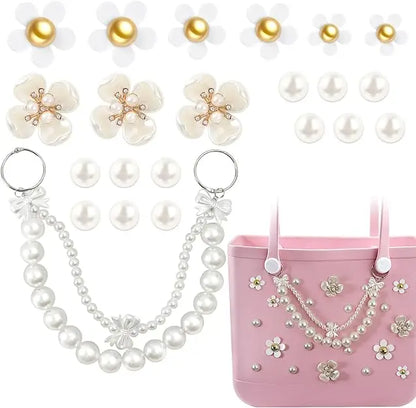 20PCS Beach Bag Charms Set – Pearl, Butterfly & Flower Decorative Accessories for Bo Bag, Stylish Compatible Clip-On Bag Charms