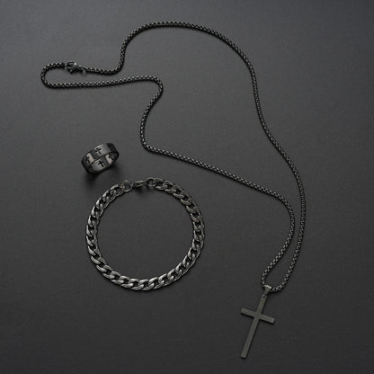 3-Piece Stainless Steel Jewelry Set – Men’s & Women’s Retro Bracelet, Necklace, Ring for Punk Hip Hop Fashion