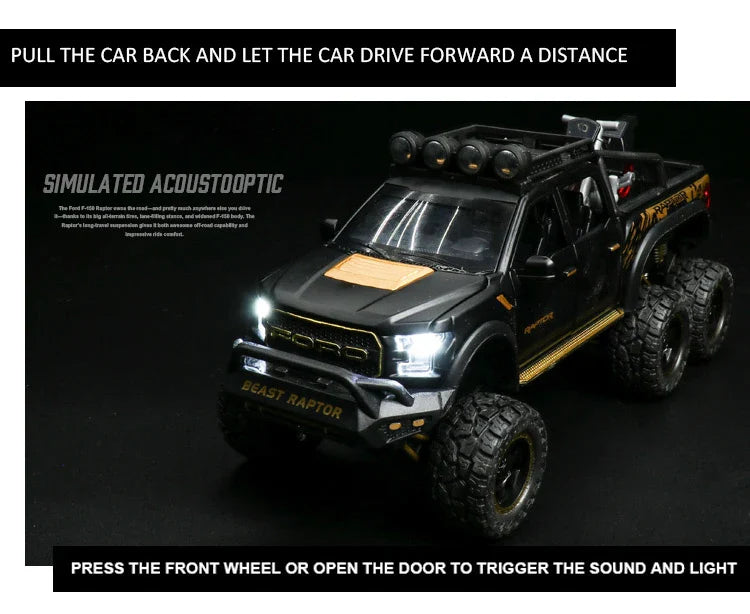 1:24 Diecast F150 Raptor Pickup Truck — Metal Model Car with Sound & Light for Kids Age 3+, Blue