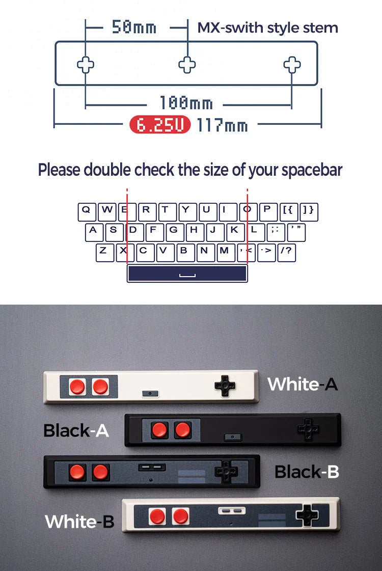Retro Gamepad Keycap 6.25u Spacebar – Artisan ABS Keycap for MX Switches, Black & White for Mechanical Gaming Keyboards