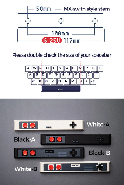 Retro Gamepad Keycap 6.25u Spacebar – Artisan ABS Keycap for MX Switches, Black & White for Mechanical Gaming Keyboards