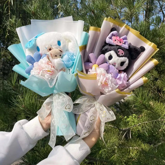 Sanrio Plush Bouquet — My Melody, Kuromi, Cinnamoroll & Hello Kitty Handmade Gift