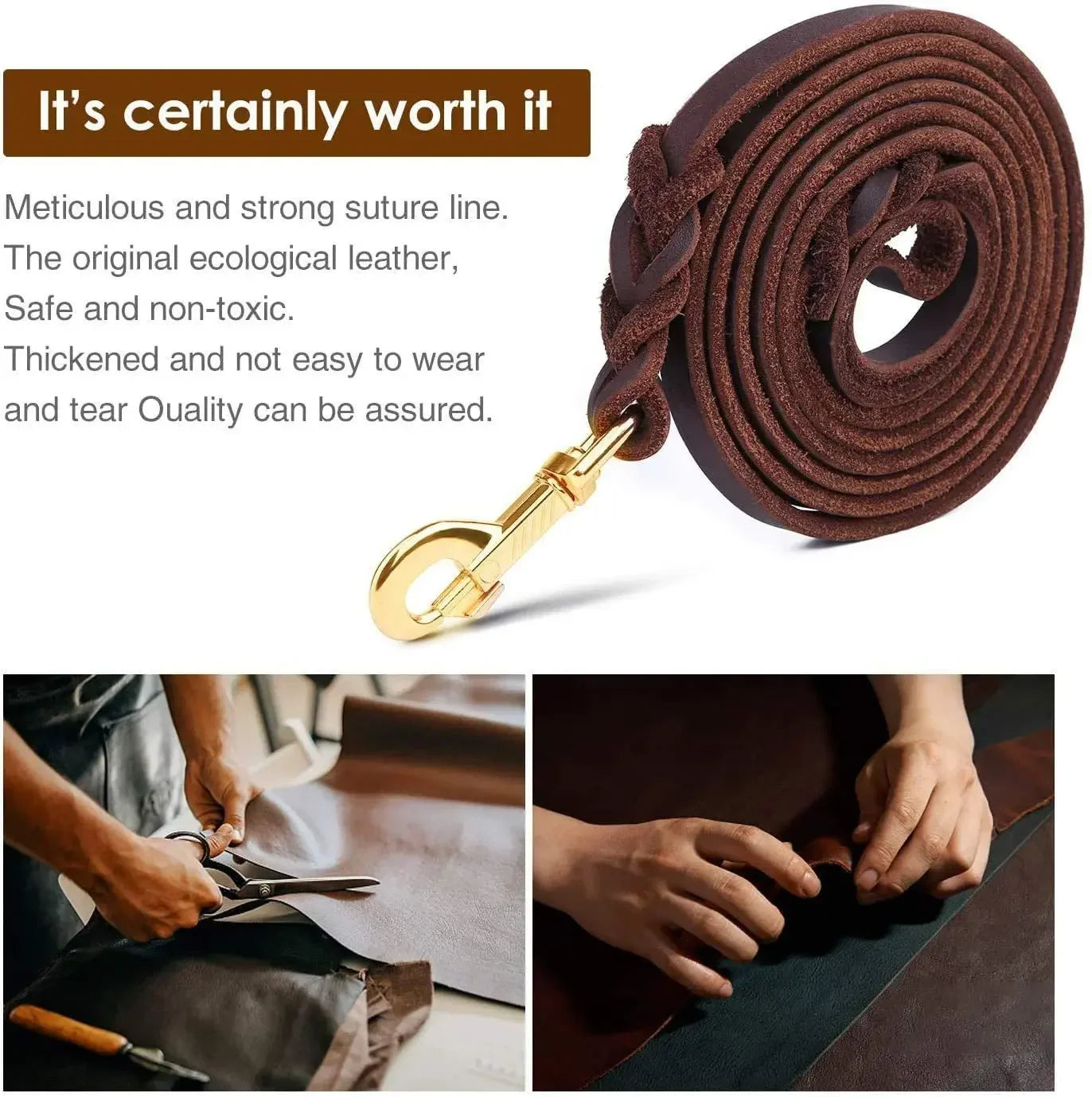 Genuine Leather Dog Leash – Braided Walking & Training Lead for Medium & Large Dogs, Brown & Black