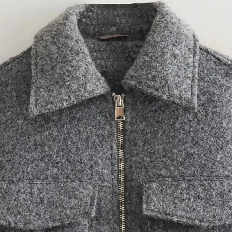 TRAF Women’s Autumn Winter Cropped Tweed Jacket – Short Zip Coat, Demi-Season Outerwear