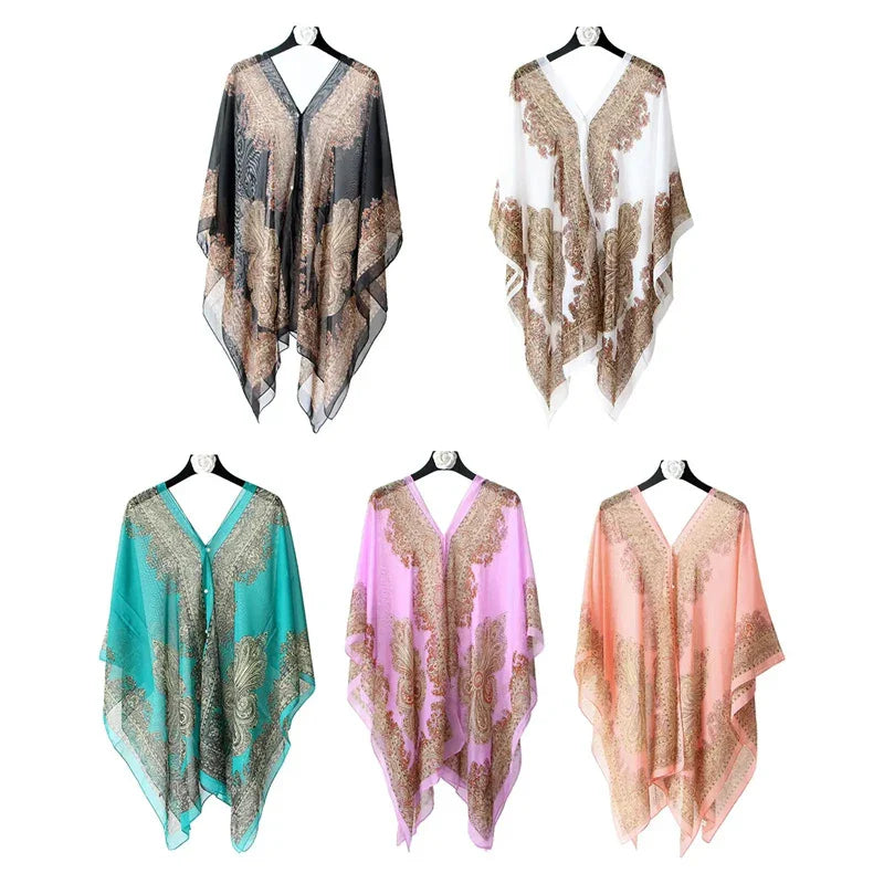 Women’s Summer Beach Shawl – Loose Chiffon Bikini Cover-Up Blouse with Buttons Sun Protection Scarf