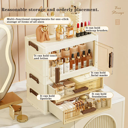 Foldable Transparent Cosmetic Organizer — Multi-Layer Drawer-Style Desktop Beauty Storage Box, Dustproof Makeup Organizer