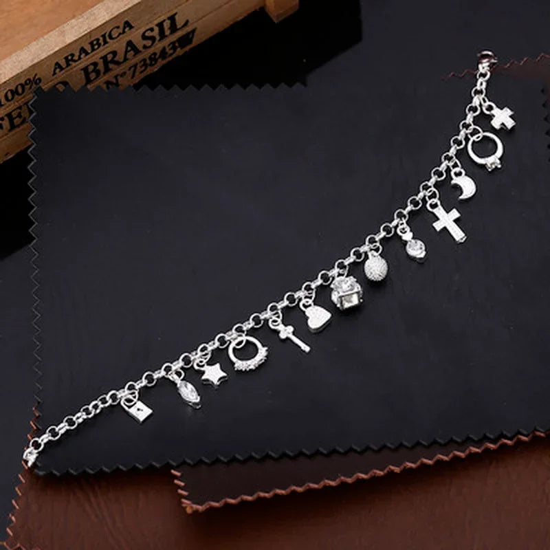 925 Sterling Silver 13-Piece Charm Bracelet – Fashion Pendant Chain Jewelry for Women & Teens