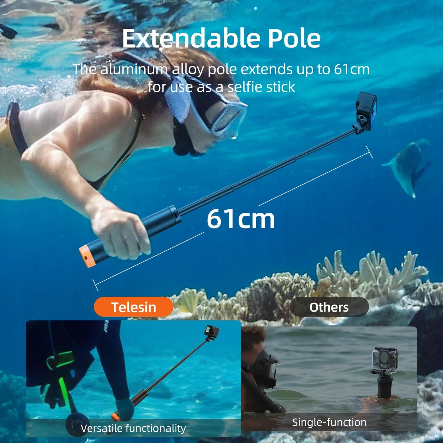 TELESIN Floating Underwater Selfie Stick Tripod – Extendable Buoyancy Pole for GoPro, Insta360, DJI Osmo Action Cameras