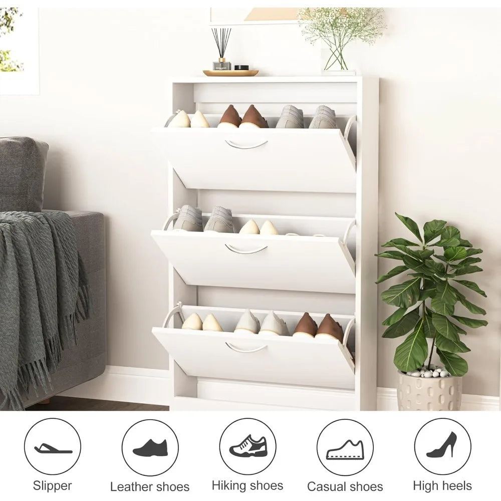 3-Drawer Wooden Shoe Cabinet — Narrow Freestanding Organizer for Entryway & Bedroom, White