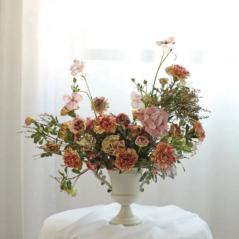 Old Goblet Antique Flower Vase – White Retro European Iron Table Arrangement Container with Handles