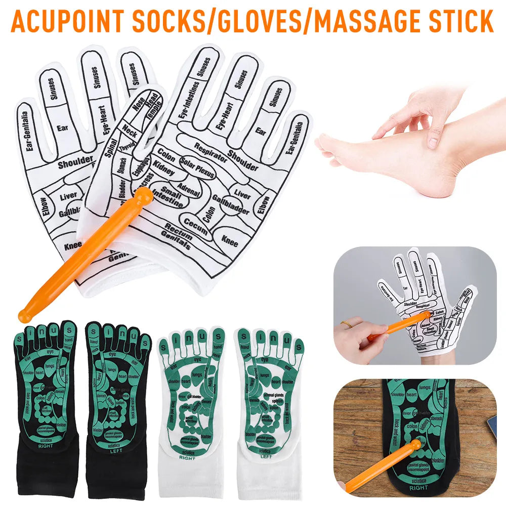 Acupoints Massage Socks and Gloves Set - Five Fingers Reflexology for Accurate Hands and Foot Massage - Household Spa Tools