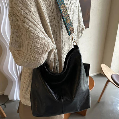 Wide Geometric Strap Shoulder Bag - Large Capacity Crossbody PU Leather Bag for Women, Retro Style for Shopping and Travel