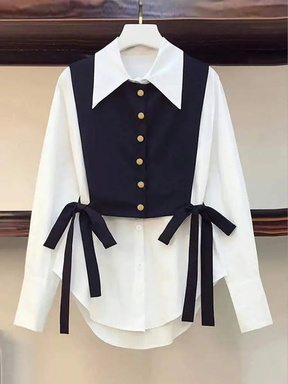Women’s Colorblock Button-Front Shirt – Loose Fit Blouse with Tie Detail