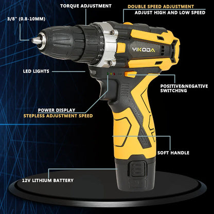 YIKODA Cordless Drill - Rechargeable Electric Screwdriver Lithium Battery - Household Multi-function Power Tools ( 12/16.8/21V, 2 Speed )