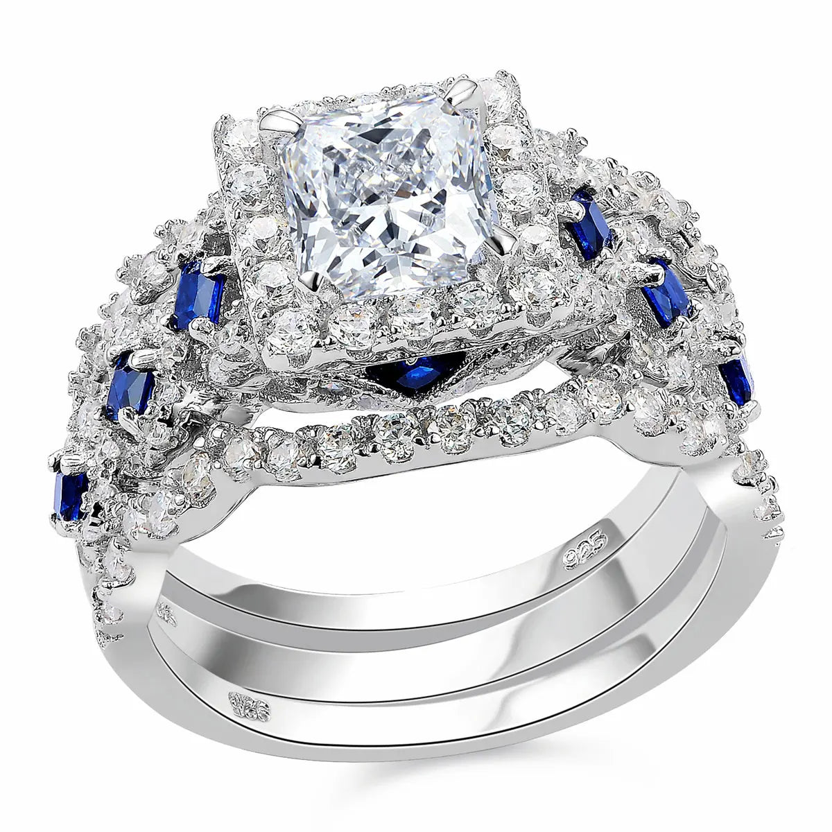 Newshe 3-Piece Women’s Wedding Ring Set – 925 Silver 2.6Ct Princess Cut White & Blue CZ Bridal Jewelry