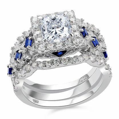 Newshe 3-Piece Women’s Wedding Ring Set – 925 Silver 2.6Ct Princess Cut White & Blue CZ Bridal Jewelry