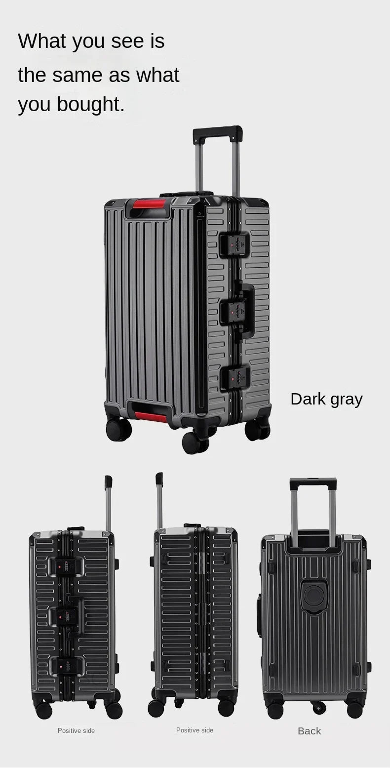30-Inch Five-Wheel Aluminum Frame Suitcase — Multifunctional Cabin Luggage with Password Lock, USB Port & Cup Holder