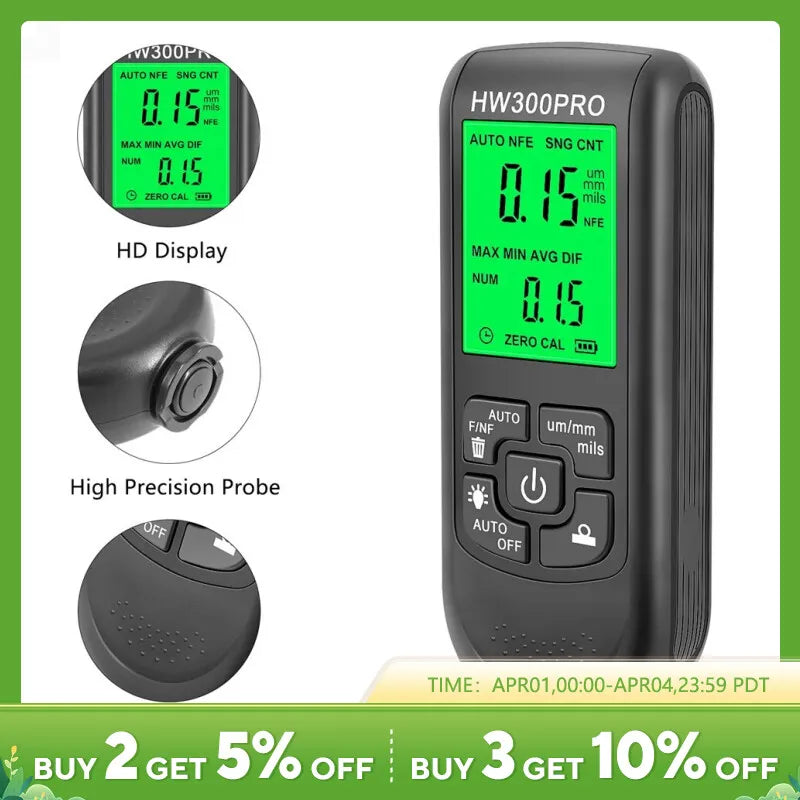 Digital Metal Coating Thickness Tester - HW-300 Electroplate Gauge for Car Paint, 0-2000um Range with Fe and NFe Probe