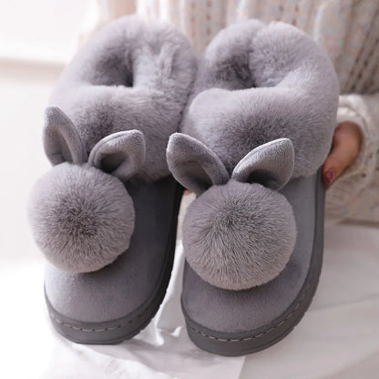 Unisex Winter Plush Slippers – Thick Sole Cozy Faux Rabbit Fur Indoor Slides with Closed Back for Couples
