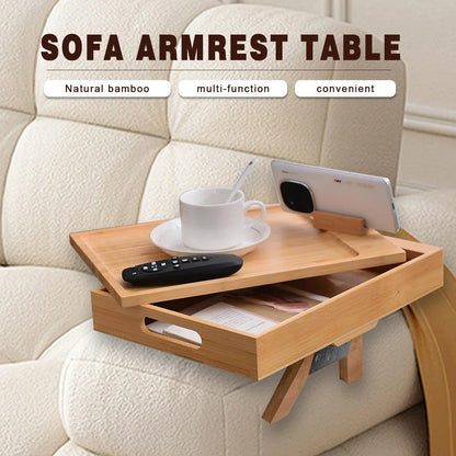 Sofa Armrest Tray with Storage Box – Bamboo Couch Arm Table with 360° Rotating Top & Phone Stand