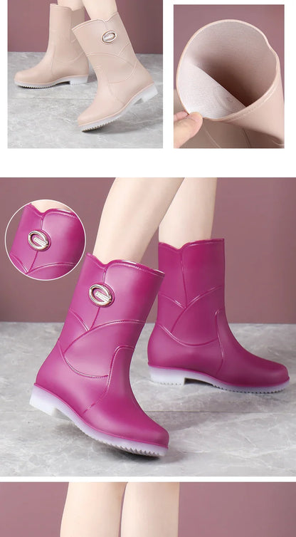 Women’s Fashion Mid-Tube Rain Boots – Wear-Resistant, Waterproof Rubber Shoes with Thick Sole, Non-Slip & Cotton Lining