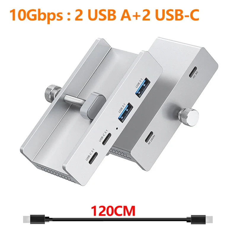 Aluminum 4-Port USB 3.0 Hub — High-Speed Clip Hub with Power Supply, 5–10Gbps Data Transfer, USB 3.2 for Mac & PC