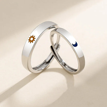New Silver Couple Rings - Sun & Moon Adjustable Open Ring for Men & Women, Wedding & Fashion Jewelry Gift