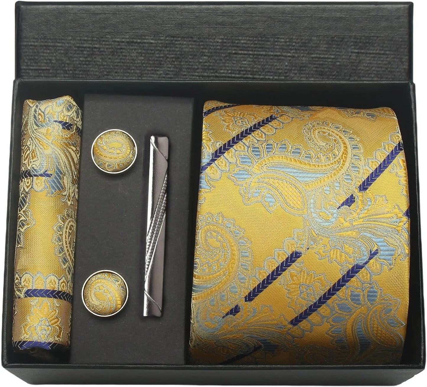 100% Silk Paisley Floral Necktie Set for Men - Premium Business Tie with Pocket Square Tie Clip Cufflinks Gift Box